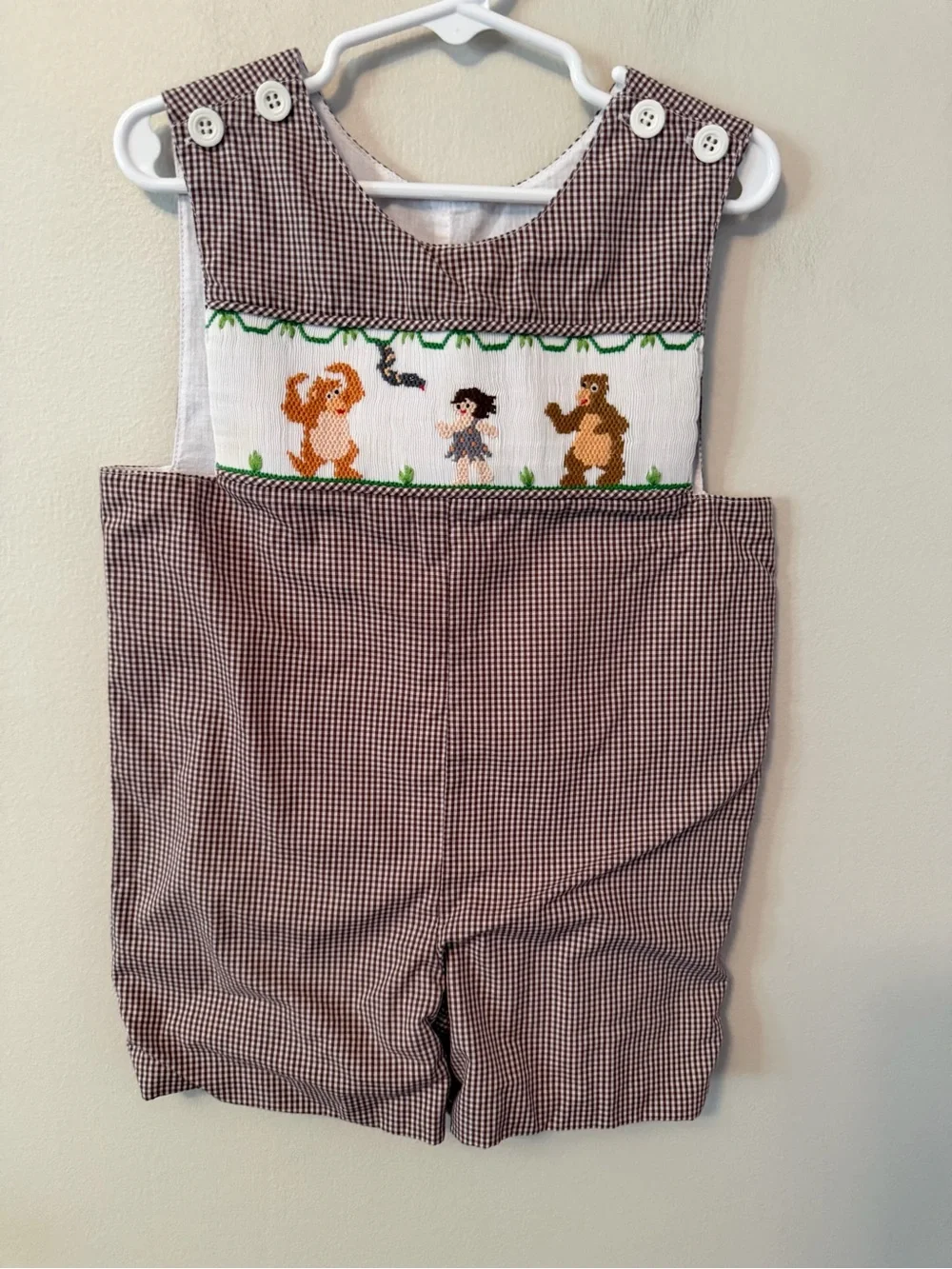 Remember Nguyen Smocked Brown Gingham Boys' Shortall with Animal Scene